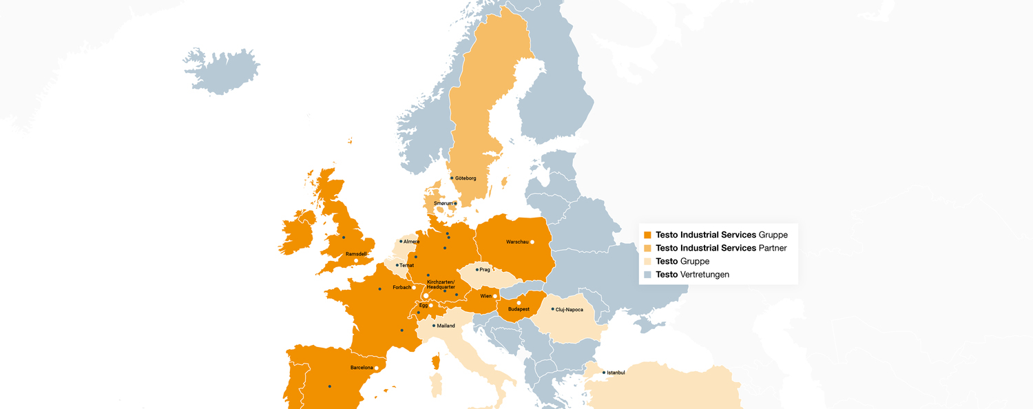 Europakarte mit den Standorten der Tochterunternehmen der Testo Industrial Services GmbH