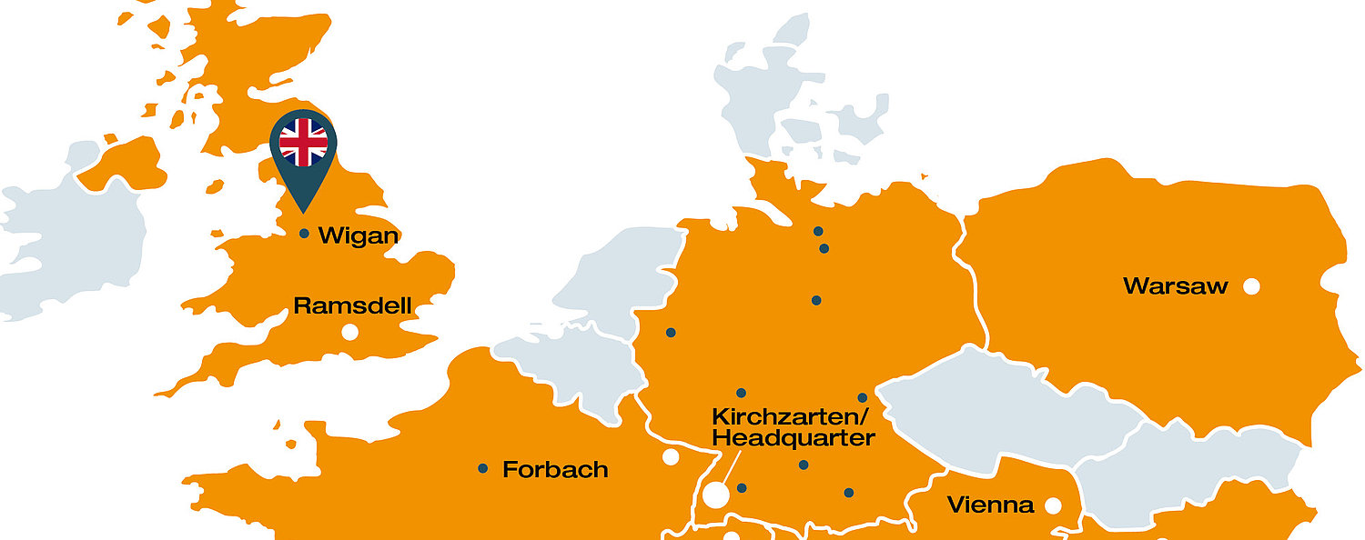 Map of Europe where the new location in Wigan is marked